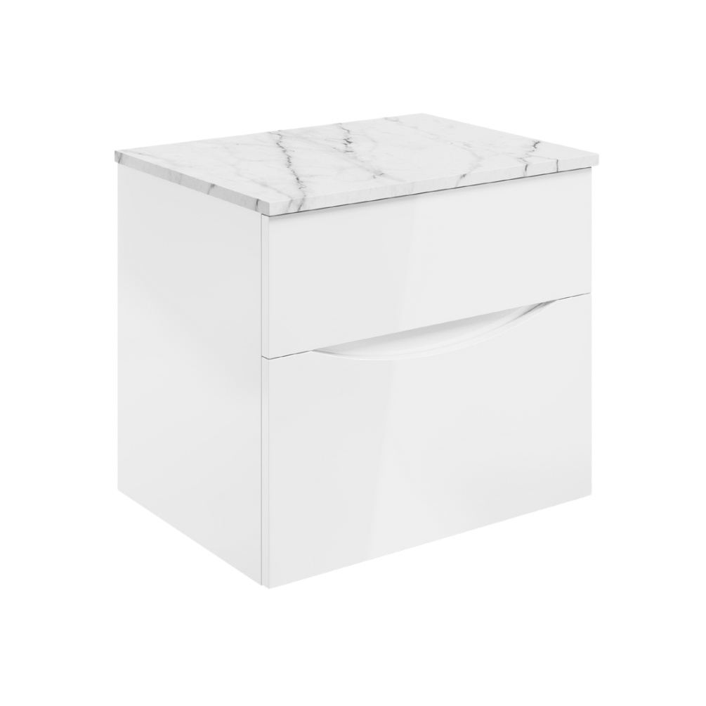 Product Cut out image of the Crosswater Glide II White Gloss 600mm Double Drawer Unit with Carrara Marble Worktop